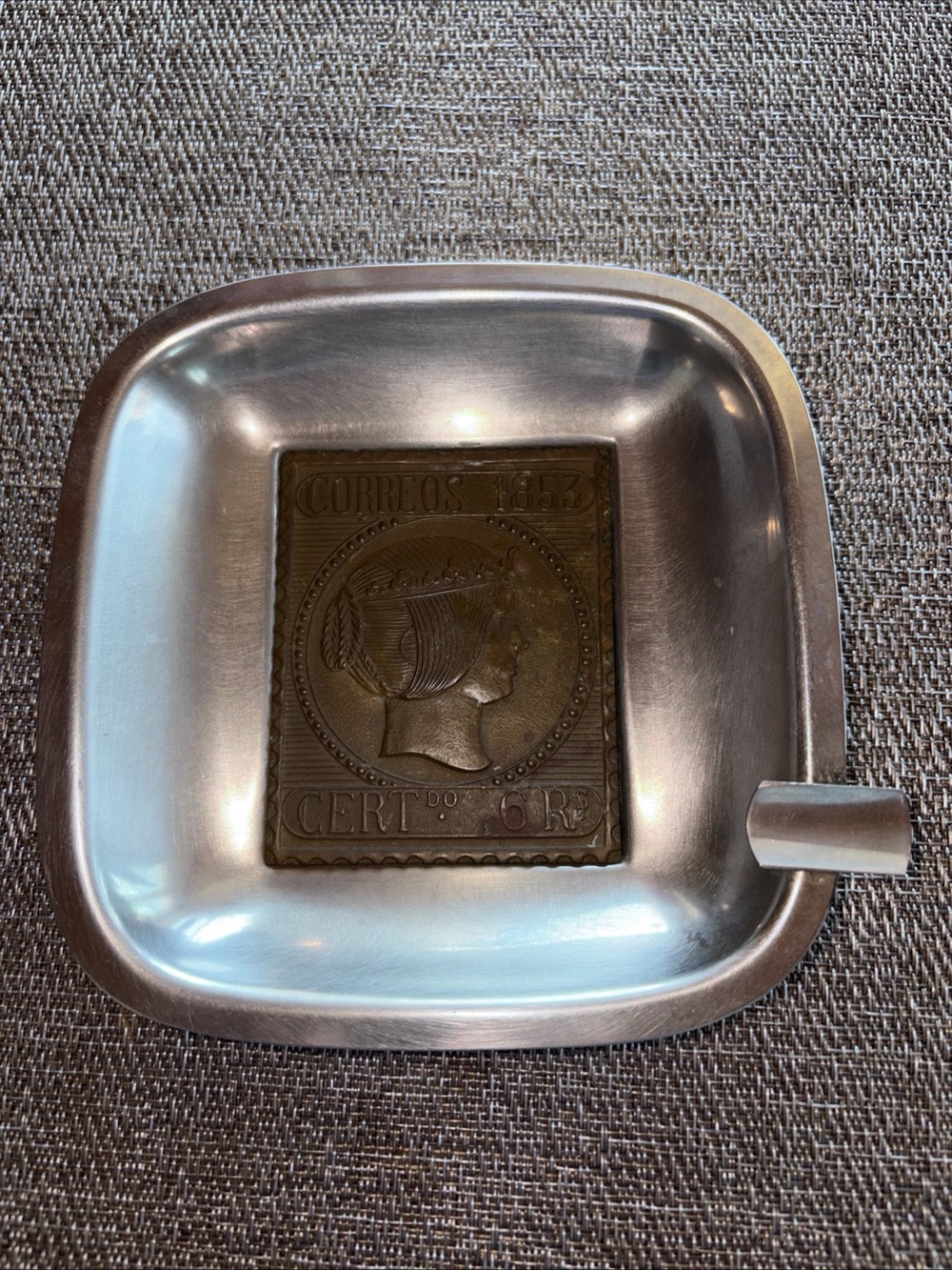 Vintage Deginox Spanish Stamp Cigar Ashtray Correos 1853 Stainless Steel Brass